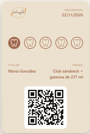Tarjeta de puntos virtual de Bon Appetit con 5 sellos y premio de sándwich club más gaseosa